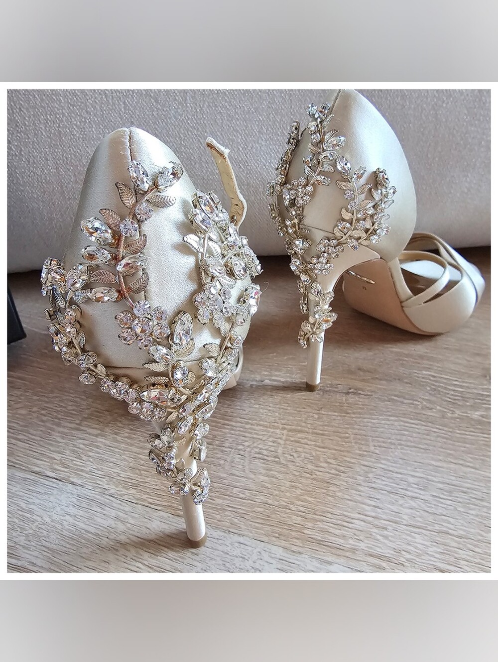 Badgley Mischka Fame Ivory Satin Crisscross Open-Toe Heels with Crystal Accent - Picture 4 of 11